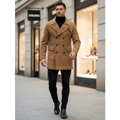 Pánský kabát zimní kamelový Dstreet CX0362 (Velikost M, Barva Hnědá)