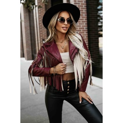 Numoco Krátká bunda s třásněmi z měkké ekokůže - vínová 624-2 (Velikost UNI, Barva Bordó)