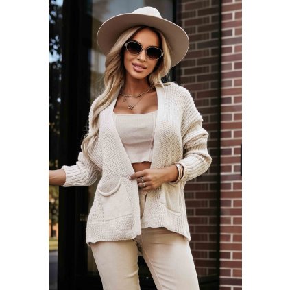 Numoco Teplý kardigan s kapsami a manžetami na rukávech - béžový 630-1 (Velikost UNI, Barva Béžová)