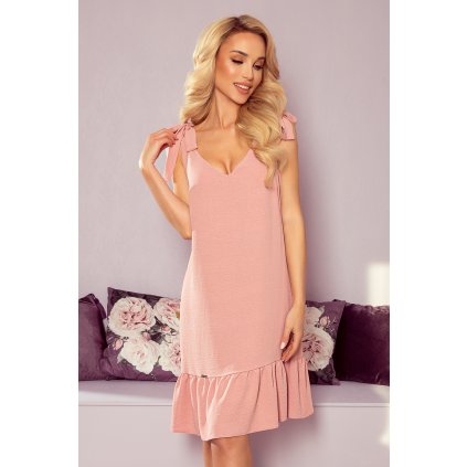 Numoco ROSITA Šaty s mašlemi na ramenou - pudrově růžová 306-3 (Velikost S, Barva Růžová)