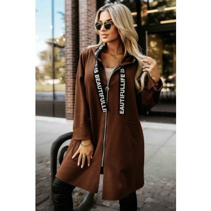 Numoco Ležérní kabát se zipem a módními detaily - čokoládový 632-2 (Velikost UNI, Barva Hnědá)