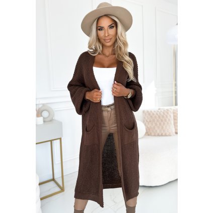 Numoco Cardigan - dlouhý svetrový plášť s kapsami - čokoládová barva 627-2 (Velikost UNI, Barva Hnědá)