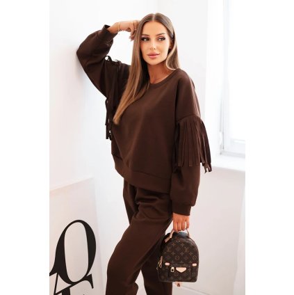 Dámský komplet máslový s třásněmi na rukávech hnědý Regína (Velikost UNI, Barva Hnědá)