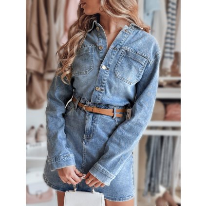 Džínové šaty mini one size JINELLA Dstreet EY2569 s páskem (Velikost S, Barva Modrá - světle)
