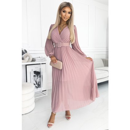Numoco KLARA řasené šaty s páskem a výstřihem - pudrově růžové 414-2 (Velikost UNI, Barva Růžová)