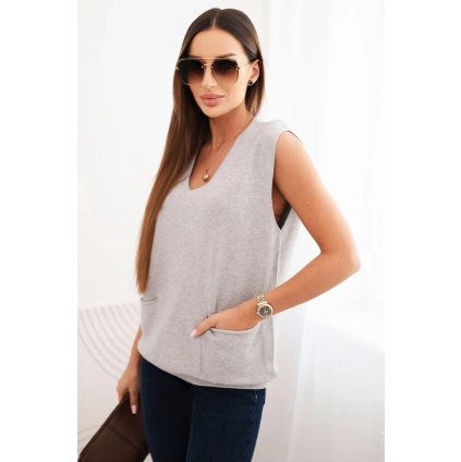 Dámský viskózový svetr R2013 bez rukávů s kapsami a V (Velikost UNI, Barva Šedá)