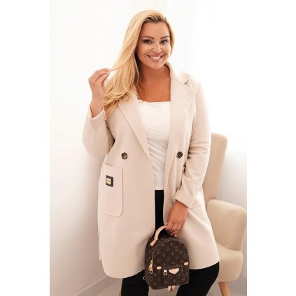 Dámský elegantní sako Plus Size s límcem a velkými kapsami (Velikost UNI, Barva Béžová)