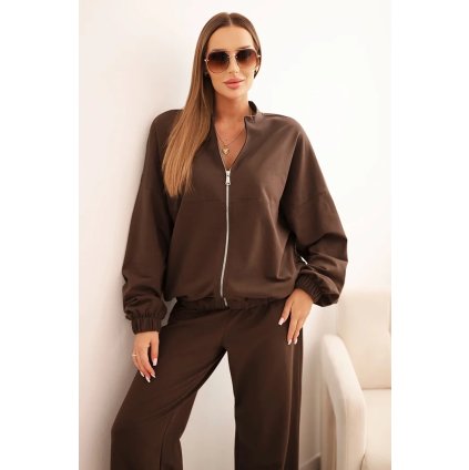 Dámská souprava z bavlny se širokými nohavicemi a mikinou na zip (Velikost UNI, Barva Béžová)