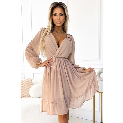 Numoco MILA Šifonové midi šaty s dlouhým rukávem a výstřihem - béžová barva 538-1 (Velikost S, Barva Béžová)