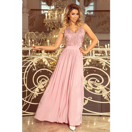LEA dlouhé šaty s vyšívaným výstřihem - TAUPE 215-5 (Velikost L, Barva Růžová)