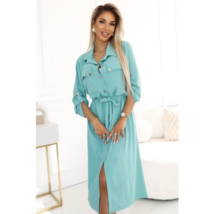 Numoco Košilové midi šaty se zlatými knoflíky a zavazováním - mint 531-2 (Velikost UNI, Barva Zelená)