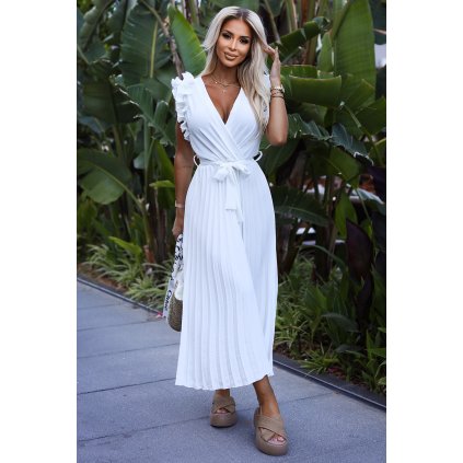 Plisované midi šaty s výstřihem a jemnými volánky - bílé 543-1 (Velikost UNI, Barva Bílá)