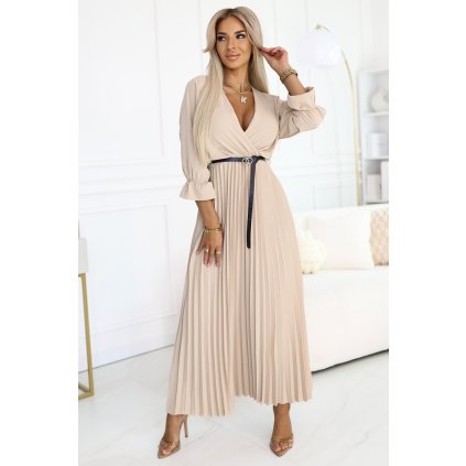 SERENA Plisované maxi šaty s výstřihem, páskem a 3/4 rukávy - TMAVĚ BÉŽOVÉ 462-5 (Velikost UNI, Barva Béžová)