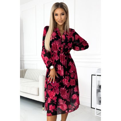 CARLA Plisované midi šaty na knoflíky a dlouhý rukáv - černá s červenými růžemi 449-2 (Velikost UNI, Barva Červená)