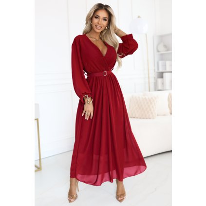 Numoco Elegantní skládané maxi šaty s páskem a zavinovacím výstřihem - vínové 639-1 (Velikost UNI, Barva Bordó)