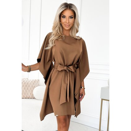 Numoco SOFIA Motýlí šaty s vázáním v pase - cappuccino 287-39 (Velikost L/XL, Barva Hnědá)