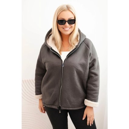 Dámská bunda Plus Size s kapucí a beránkem (Velikost UNI, Barva Šedá - tmavě)