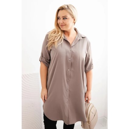 Dámské košilové šaty 22356 Plus Size s delší zadní částí a ohrnovacími rukávy (Velikost UNI, Barva Béžová)