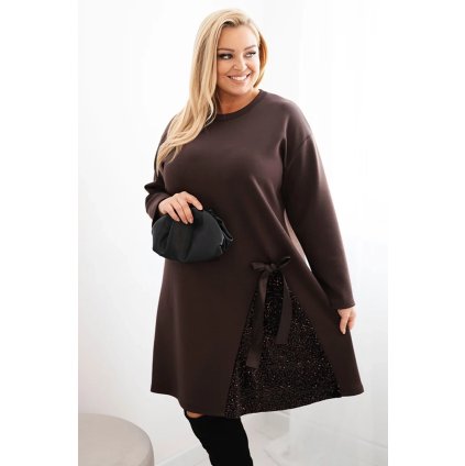 Dámské šaty Plus Size s ozdobným vsadkou s flitry (Velikost UNI, Barva Hnědá)