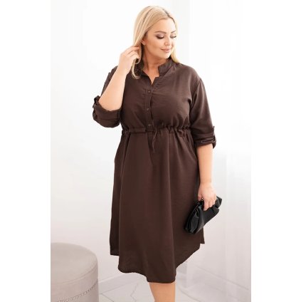 Dámské šaty Plus Size Plus4 s knoflíky a vázáním v pase (Velikost UNI, Barva Hnědá)