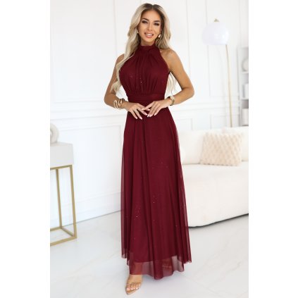 VERONICA luxusní dlouhé šaty s brokátovým akcentem a elegantním střihem - vínové 636-1 (Velikost UNI, Barva Bordó)