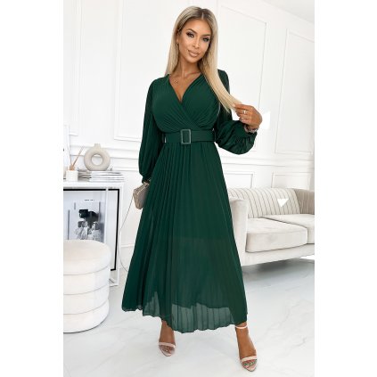 KLARA řasené šaty s páskem a výstřihem - lahvově zelená 414-1 (Velikost UNI, Barva Zelená)