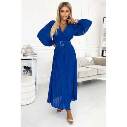 KLARA řasené šaty s páskem a výstřihem - modré 414-5 (Velikost UNI, Barva Modrá)