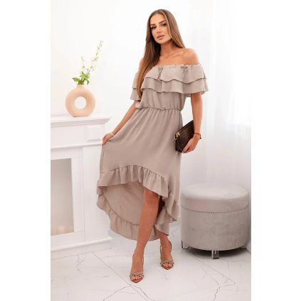 Dámské šaty s odhalenými rameny a prodlouženými zády (Velikost UNI, Barva Béžová - tmavě)