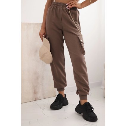 Dámské bavlněné kalhoty s kapsami a řetízkem mocca (Velikost UNI, Barva Hnědá)
