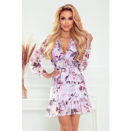 Šifonové šaty s volánky a širokou gumičkou - divoké růže 421-3 (Velikost S, Barva Fialová)