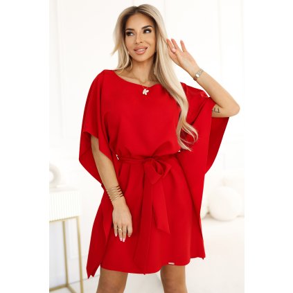 Numoco SOFIA Motýlí šaty s kravatou v pase - červené 287-35 (Velikost L/XL, Barva Červená)
