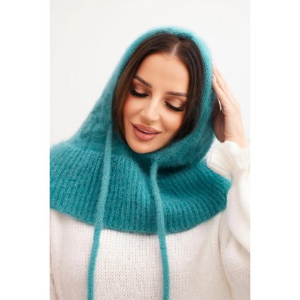 Dámská čepice s kapucí, šněrováním a copánkovým vzorem (Velikost UNI, Barva Tyrkysová)