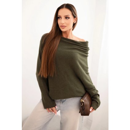 Dámský asymetrický batwing svetr z viskózy khaki (Velikost UNI, Barva Zelená)