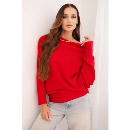 Dámský asymetrický batwing svetr viskózový červený (Velikost UNI, Barva Červená)