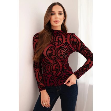 Dámská blůza bordó s sametovým vzorem a stojáčkem (Velikost UNI, Barva Bordó)