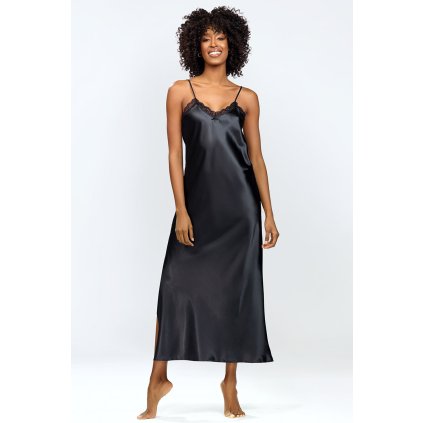 Dámská dlouhá saténová košilka Dkaren Abeni (Velikost L, Barva Černá)