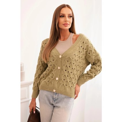 Svetr ART9083 ačkový s výstřihem do V a zlatými knoflíky (Velikost UNI, Barva Zelená)
