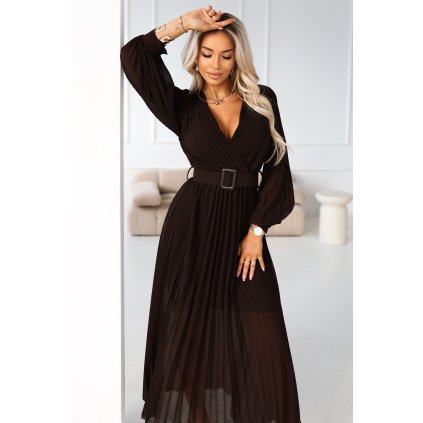 Numoco KLARA Elegantní skládané midi šaty s páskem a výstřihem - čokoládové 414-11 (Velikost UNI, Barva Hnědá)