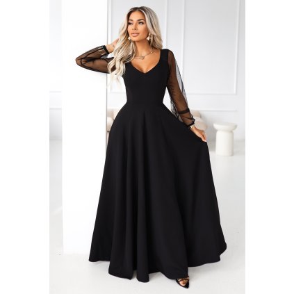 LORETTA unikátní dlouhé šaty s tylovými rukávy a výstřihem - černé 640-2 (Velikost S, Barva Černá)