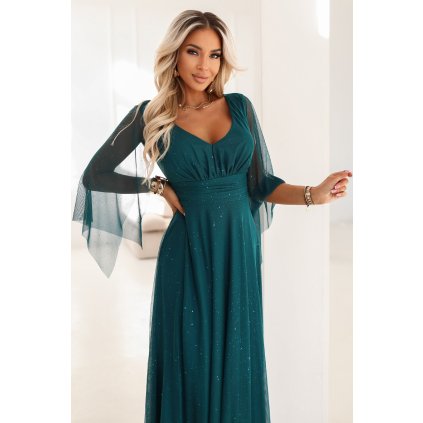 Dlouhé, třpytivé šaty s hlubokým výstřihem a průsvitnými rukávy - smaragdově zelené 655-2 (Velikost UNI, Barva Zelená)