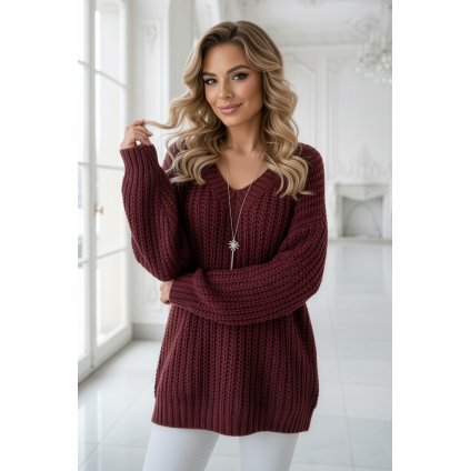 Numoco Teplý oversized svetr s hustou tkaninou a výstřihem do V - vínový 661-1 (Velikost UNI, Barva Bordó)