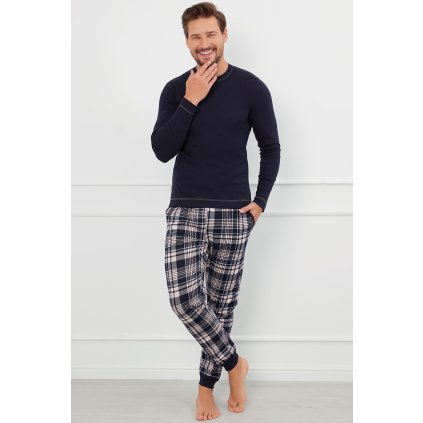 Pánské pyžamo Italian Fashion Brit dlouhý rukáv (Velikost M, Barva Modrá - tmavě)