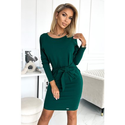 Numoco Šaty s dlouhým rukávem a zavazováním v pase - zelené 394-1 (Velikost L, Barva Zelená)