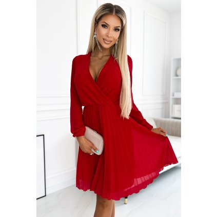 Numoco ISABELLE Plisované šaty s dlouhým rukávem a psaníčkovým výstřihem - červené 313-13 (Velikost S, Barva Červená)