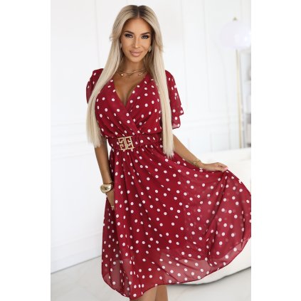 Numoco Smyslné šaty s bílými puntíky, zavinovacím výstřihem a ozdobným páskem - vínové 604-1 (Velikost UNI, Barva Bordó)
