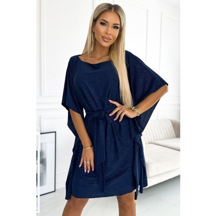 Numoco SOFIA Motýlí šaty se zavazováním v pase - tmavě modrá se třpytkami 287-25 (Velikost 2XL/3XL, Barva Modrá)