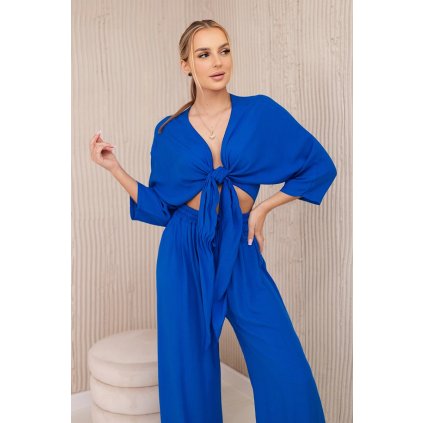 Viskózový komplet, dole zavazovaná halenka + kalhoty tmavá máta (Velikost UNI, Barva Modrá)