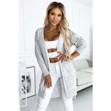 Numoco Cardigan - svetrová pelerína s delším zadním dílem v prolamovaném diamantu - šedá 486-1 (Velikost UNI, Barva Šedá)