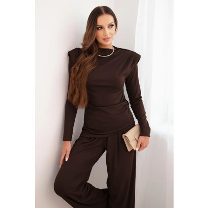 Dámský bavlněný komplet s halenkou a kalhotami s širokými nohavicemi (Velikost UNI, Barva Hnědá)