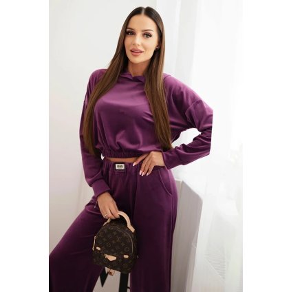 Dámský velurový komplet tepláků se širokými nohavicemi a mikinou s kapucí (Velikost UNI, Barva Zelená)